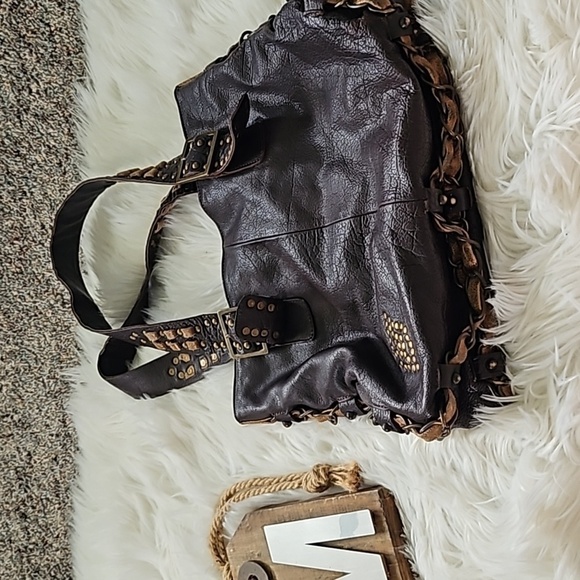 Vintage Betsey Johnson Brown Shoulder Bag with Chain and Stud Trim - Picture 2 of 12